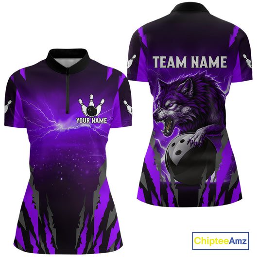 Purple Thunder Lightning Custom Wolf Bowling Shirts For Women, Bowling Team Jersey Polo & 1/4 Zip TDM4646