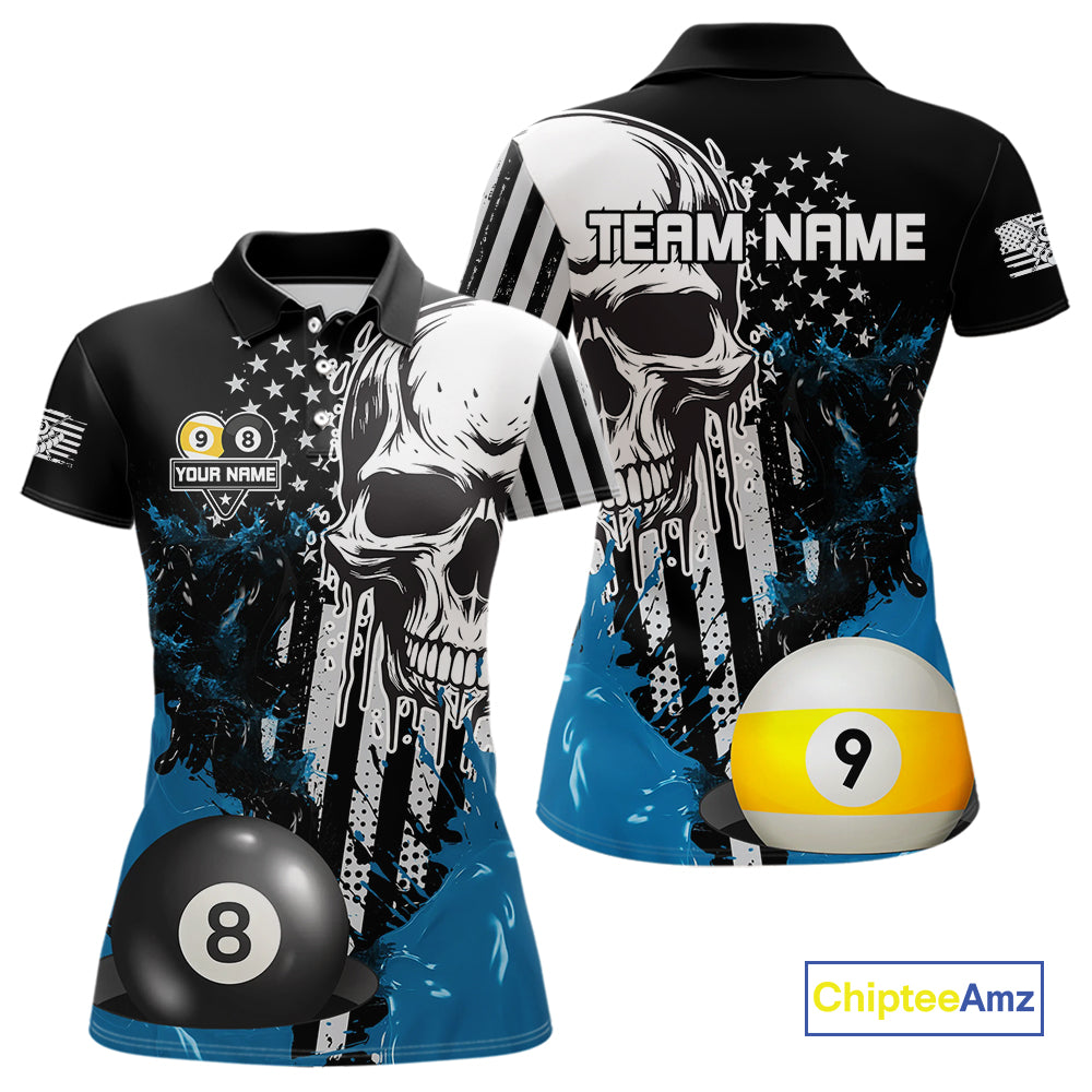 Personalized 8 & 9 Ball Pool Skull Billiard Shirt For Women Custom Grunge Billiard Team Jersey |Blue TDM4649