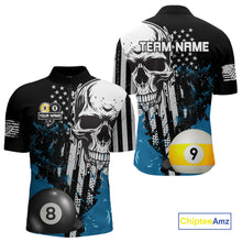 Load image into Gallery viewer, Personalized 8 &amp; 9 Ball Pool Skull Billiard Shirt For Men Custom Grunge Billiard Team Jersey |Blue TDM4649