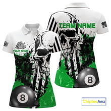 Load image into Gallery viewer, Personalized Green Grunge Skull Billiards Shirts For Women Custom Retro Billiard Team Jerseys Attire TDM4650
