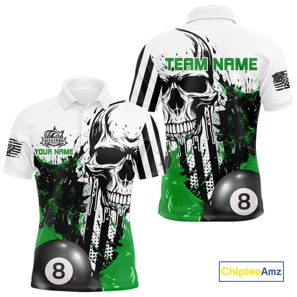 Personalized Green Grunge Skull Billiards Shirts For Men Custom Retro Billiard Team Jerseys Attire TDM4650