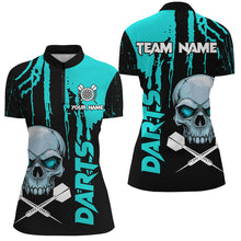 Load image into Gallery viewer, Turquoise Grunge Custom Skull Dart Shirts For Women, Scary Darts Jerseys, Darts League Team Shirts TDM2796