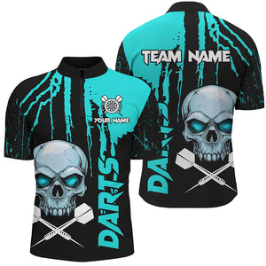 Turquoise Grunge Custom Skull Dart Shirts For Men, Scary Darts Jerseys, Darts League Team Shirts TDM2796