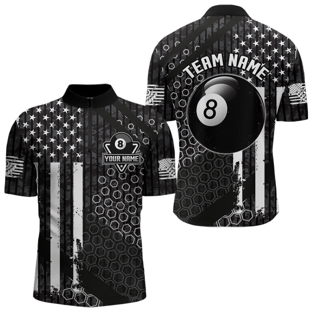 Personalized Black White American Flag Billiard Shirts For Men, Patriotic 8 Ball Billiard Jerseys TDM3476