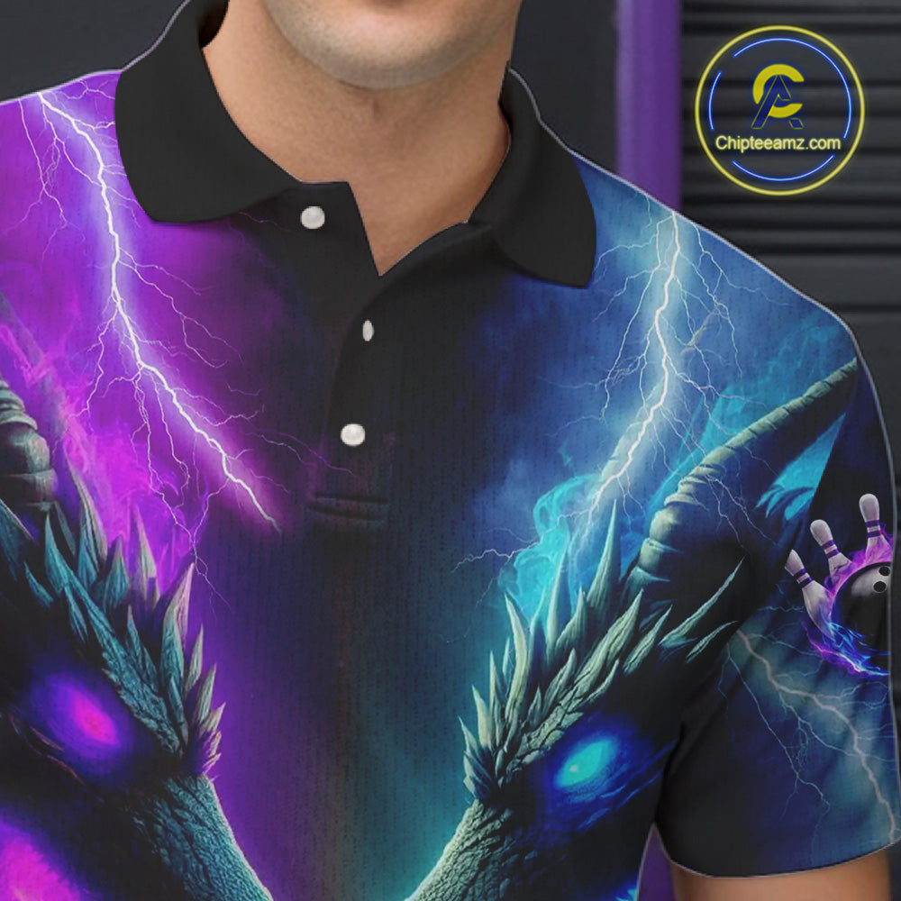 Custom Blue Purple Fire Dragon Bowling Jersey For Men Custom Lightning Bowling Shirt Polo, 1/4 Zip TDM6150