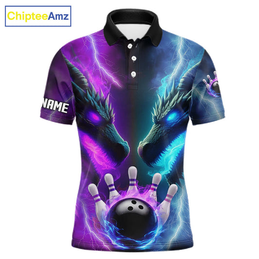 Custom Blue Purple Fire Dragon Bowling Jersey For Men Custom Lightning Bowling Shirt Polo, 1/4 Zip TDM6150