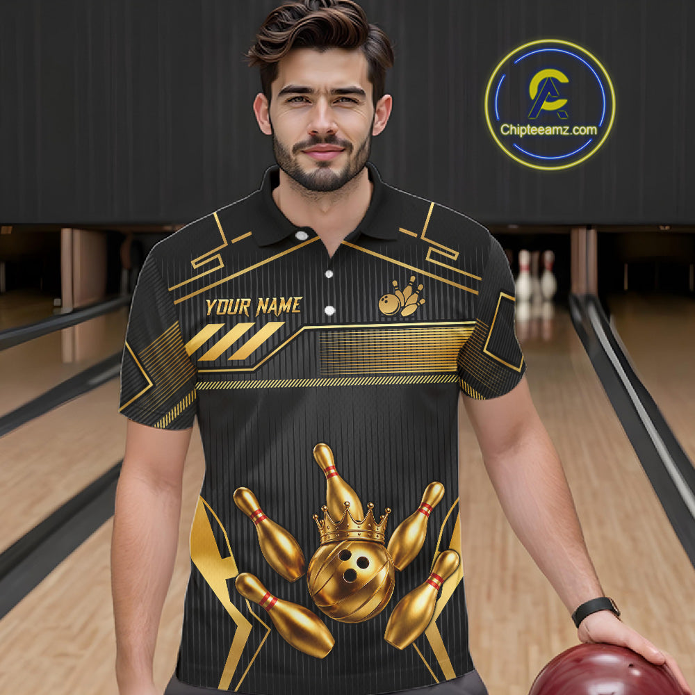 Black And Gold Custom Crown Bowling Ball Polo & Quarter Zip For Men, Bowling League Team Jersey TDM6569