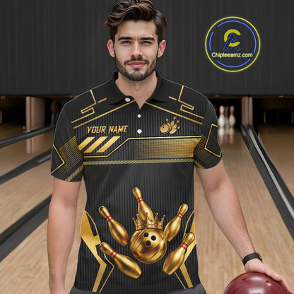 Black And Gold Custom Crown Bowling Ball Polo & Quarter Zip For Men, Bowling League Team Jersey TDM6569
