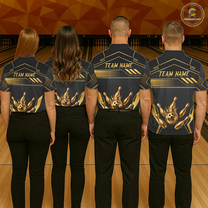 Black And Gold Custom Crown Bowling Ball Polo & Quarter Zip For Men, Bowling League Team Jersey TDM6569