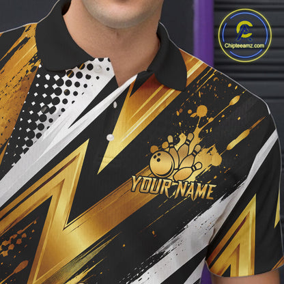 Custom Black And Gold Bowling Jersey For Men, Crown Bowling Team Shirts Polo & Quarter Zip Shirts TDM6570