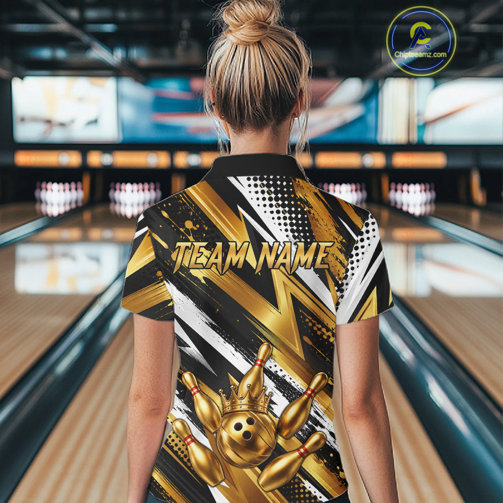 Custom Black And Gold Bowling Jersey For Women, Crown Bowling Team Shirts Polo & Quarter Zip Shirts TDM6570