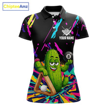 Load image into Gallery viewer, Colorful cactus 8 ball billiard polo shirt for women with custom pool team graphics.