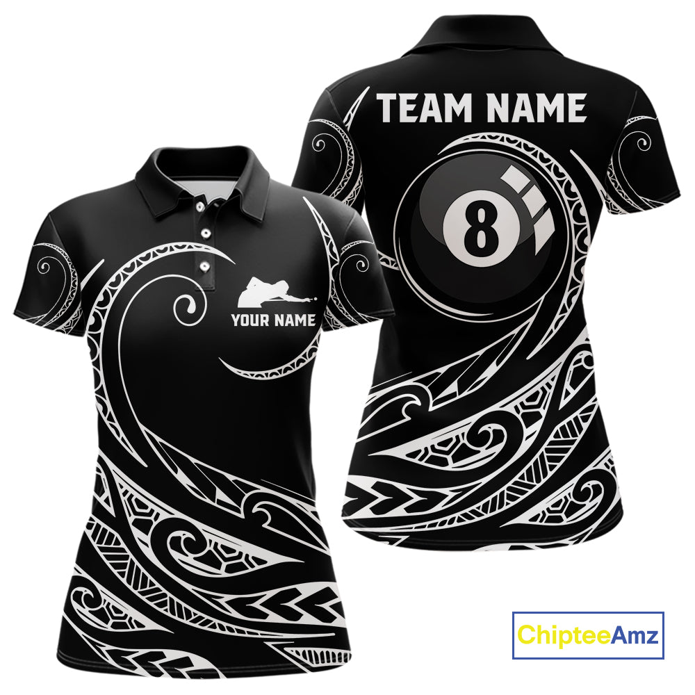 Black White 8 Ball Pool Tribal Billiard Shirt For Women Custom Billiard Team Jersey Polo & 1/4 Zip TDM4411