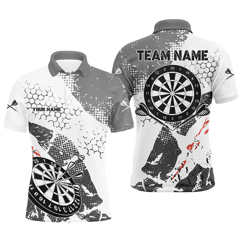 Retro Grey White Pattern Custom Darts Polo & Quarter-Zip Shirts For Men, Grunge Darts Team Jerseys TDM2562