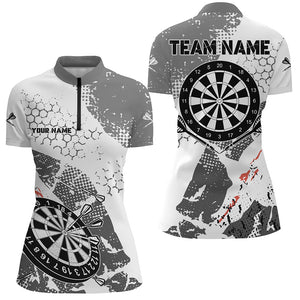 Retro Grey White Pattern Custom Darts Polo & Quarter-Zip Shirts For Women, Grunge Darts Team Jerseys TDM2562