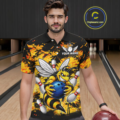 Funny Bee Custom Grunge Yellow Black Bowling Shirt For Men, Bowling Team Jersey Polo & 1/4 Zip TDM6162