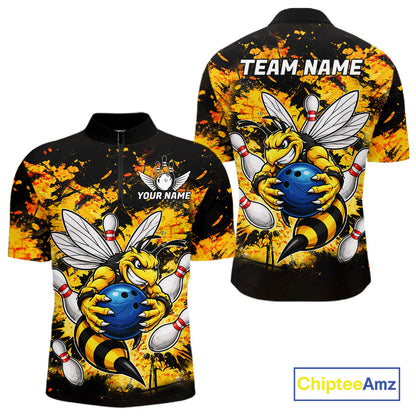 Funny Bee Custom Grunge Yellow Black Bowling Shirt For Men, Bowling Team Jersey Polo & 1/4 Zip TDM6162