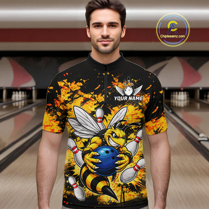Funny Bee Custom Grunge Yellow Black Bowling Shirt For Men, Bowling Team Jersey Polo & 1/4 Zip TDM6162