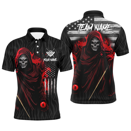 Billiard Skull Retro US Flag Men Polo & Quarter-Zip Shirts Custom Billiard Jerseys |Red TDM1673