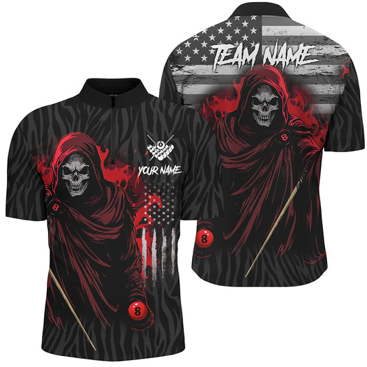 Billiard Skull Retro US Flag Men Polo & Quarter-Zip Shirts Custom Billiard Jerseys |Red TDM1673