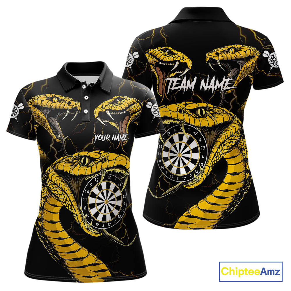 Personalized Black Yellow Cobra Snake Darts Shirt For Women, Darts Team Jerseys Polo & 1/4 Zip TDM4249