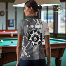 Load image into Gallery viewer, Back view of woman wearing a grey grunge 8 ball billiard team jersey, custom pool tournament shirt.