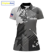 Load image into Gallery viewer, Grey grunge 8 ball custom billiard polo shirt for women, personalized pool team jersey for tournaments.