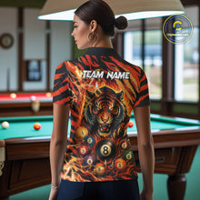 Load image into Gallery viewer, Back view of woman wearing an orange flaming tiger 8 ball billiard team jersey, custom pool tournament shirt.