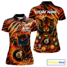 Load image into Gallery viewer, Orange flaming tiger 8 ball custom billiard polo shirt for women, personalized pool team jersey for tournaments.