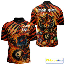Load image into Gallery viewer, Orange flaming tiger 8 ball quarter zip billiard shirt for men, custom pool team jersey and tournament apparel.