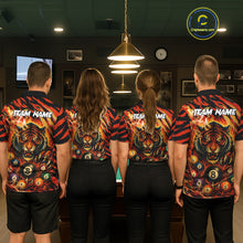 Load image into Gallery viewer, Back view of pool players wearing matching orange flaming tiger 8 ball billiard team shirts and custom pool jerseys.