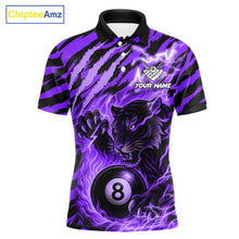 Load image into Gallery viewer, Purple flaming tiger 8 ball pool team polo shirt with custom billiard graphics, personalized billiard team jersey.