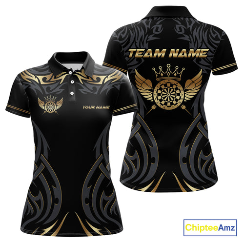 Black And Gold Dartboard Crown Wings Custom Darts Shirt For Women, Darts Team Jerseys Polo & 1/4 Zip TDM4420