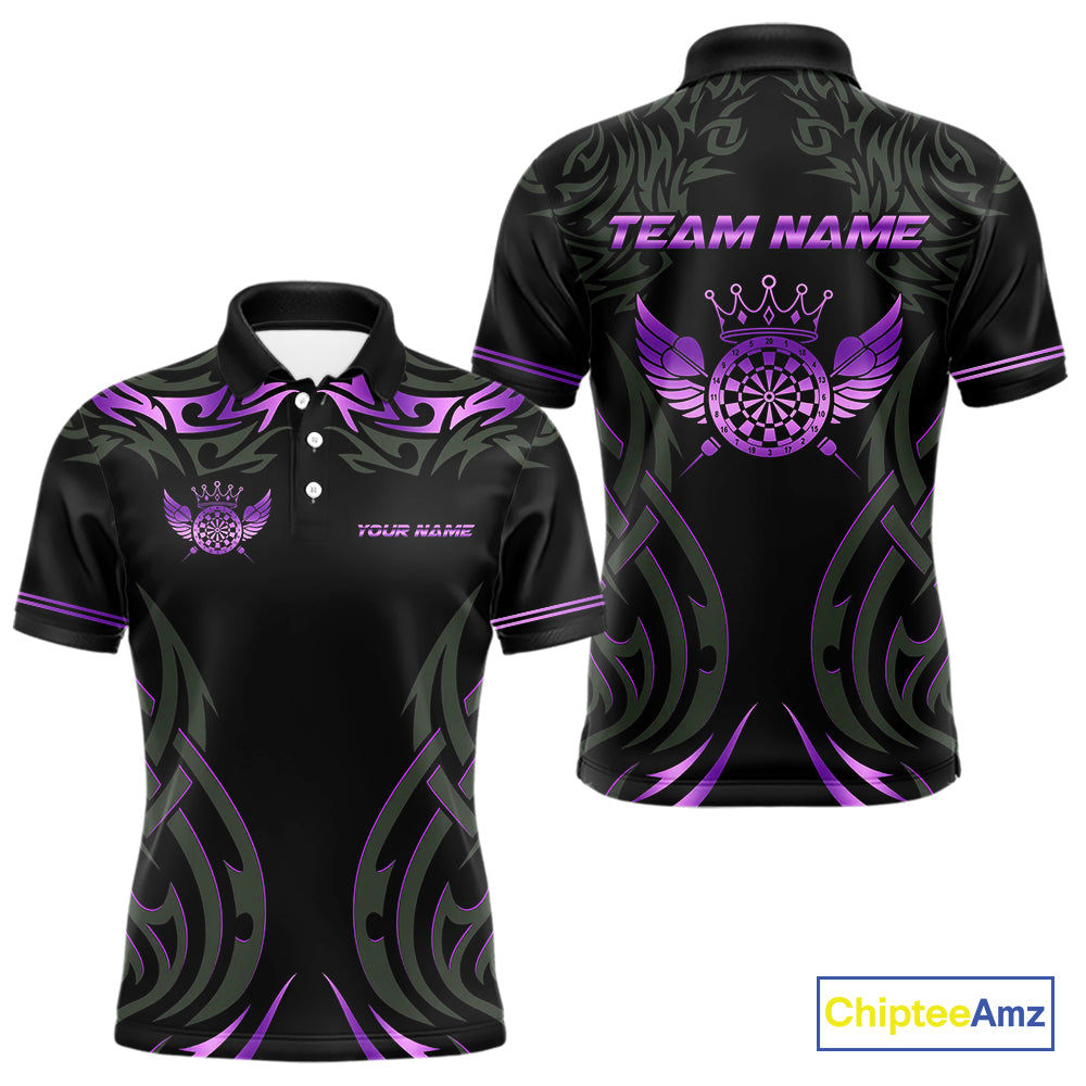 Black And Purple Dartboard Crown Wings Custom Darts Shirt For Men, Dart Team Jersey Polo & 1/4 Zip TDM4422