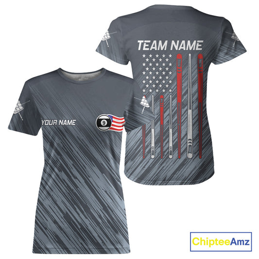 Personalized US Flag 9 Ball Pool Billiard T-Shirt For Women, Billiard League Team Jersey TDM4426
