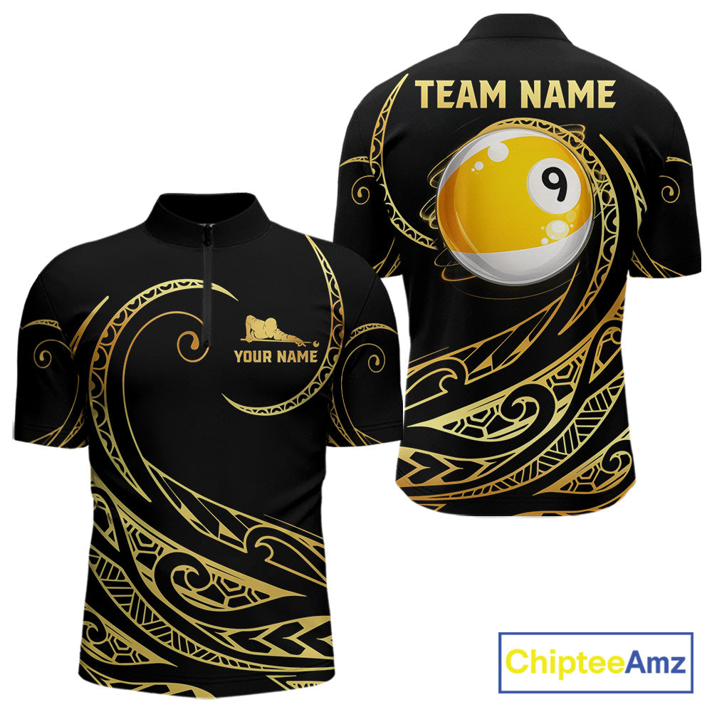Personalized Black and Gold 9 Ball Tribal Pattern Quarter Zip Billiard Shirt Created for Pool League Teams with Performance Fabric and Custom Tournament Design