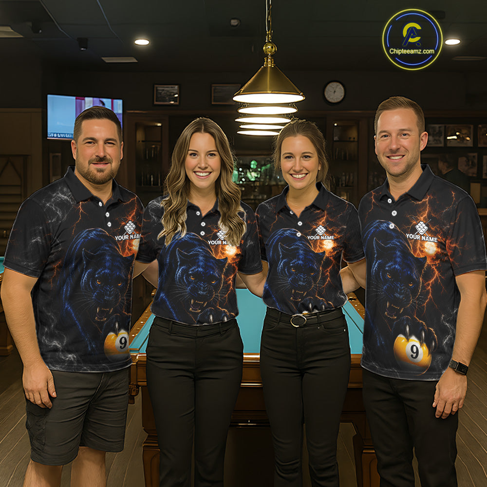 Pool Team Wearing Personalized 9 Ball Pool Panther Lightning Billiard Jerseys During League Competition and Tournament Matches, Front View