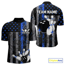 Load image into Gallery viewer, Blue Grunge American Flag Patriotic Bowling Shirt For Men Custom Bowling Team Jersey Polo, 1/4 Zip TDM4851