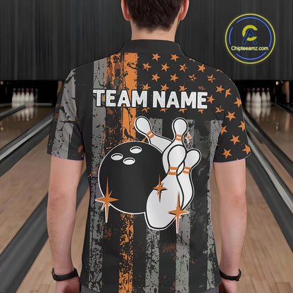 Orange Grunge American Flag Patriotic Bowling Shirts For Men Custom Bowling Team Jerseys TDM4852