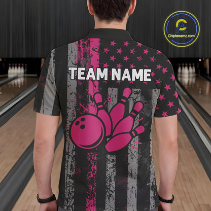 Custom Pink Ribbon Grunge US Flag Patriotic Bowling Shirt For Men, Breast Cancer Bowling Jerseys TDM4853