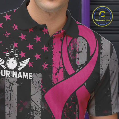 Custom Pink Ribbon Grunge US Flag Patriotic Bowling Shirt For Men, Breast Cancer Bowling Jerseys TDM4853