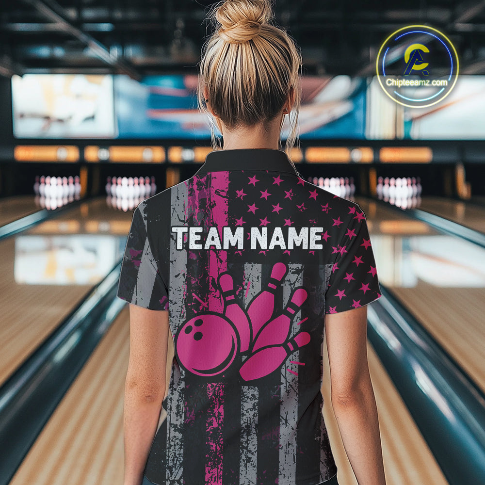 Custom Pink Ribbon Grunge US Flag Patriotic Bowling Shirt For Women, Breast Cancer Bowling Jerseys TDM4853