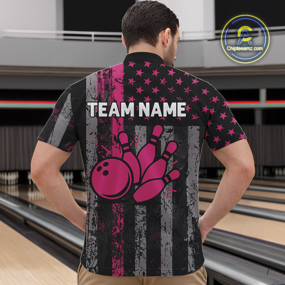 Custom Pink Ribbon Grunge US Flag Patriotic Bowling Shirt For Men, Breast Cancer Bowling Jerseys TDM4853