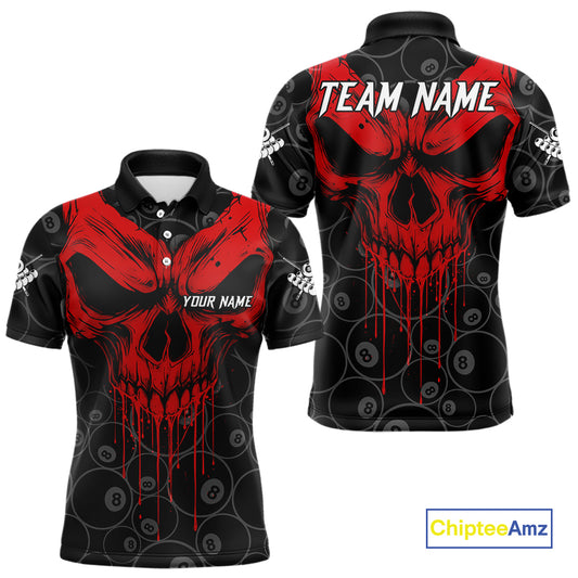 Personalized Skull 8 Ball Billiard Shirt For Men Custom Pool Team Jersey Polo & 1/4 Zip |Red TDM5069