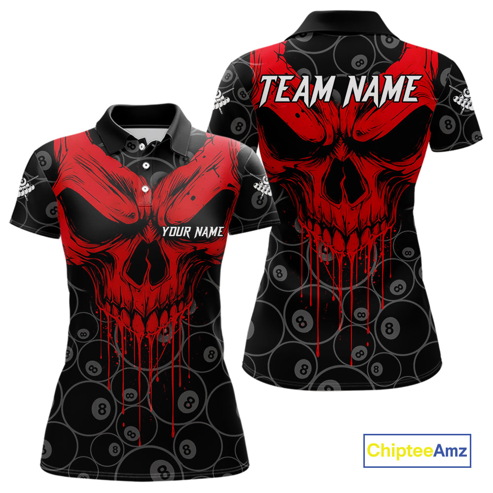 Personalized Skull 8 Ball Billiard Shirt For Women Custom Pool Team Jersey Polo & 1/4 Zip |Red TDM5069
