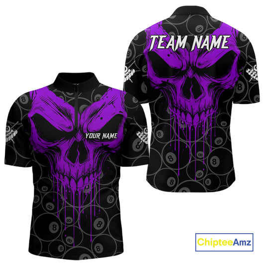 Personalized Skull 8 Ball Billiard Shirt For Men Custom Pool Team Jersey Polo & 1/4 Zip |Purple TDM5070