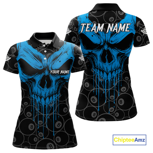 Personalized Skull 8 Ball Billiard Shirt For Women Custom Pool Team Jersey Polo & 1/4 Zip |Blue TDM5071