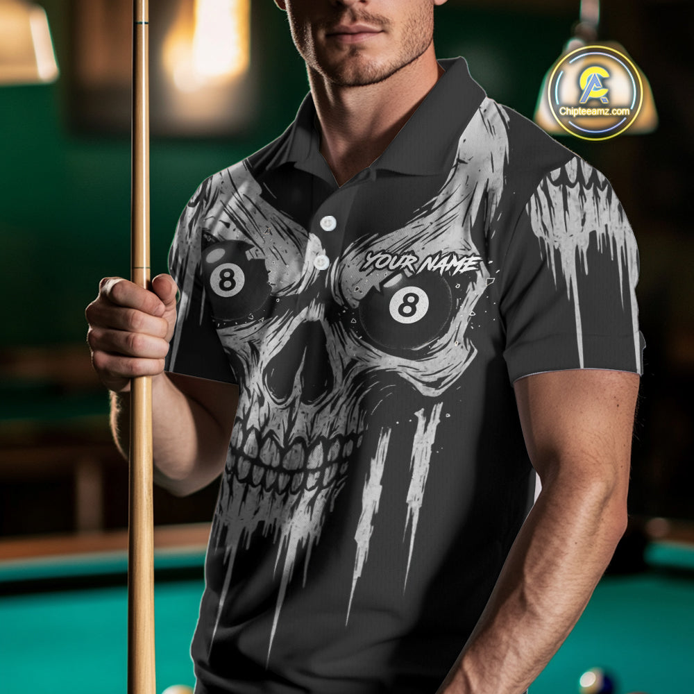 White Black Grunge Skull Billiard Jersey For Men Custom 8 Ball Pool Billiard Shirt Polo & 1/4 Zip TDM5073