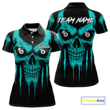 Load image into Gallery viewer, Turquoise Grunge Skull Billiard Jersey For Women Custom 8 Ball Pool Billiard Shirt Polo &amp; 1/4 Zip TDM5074
