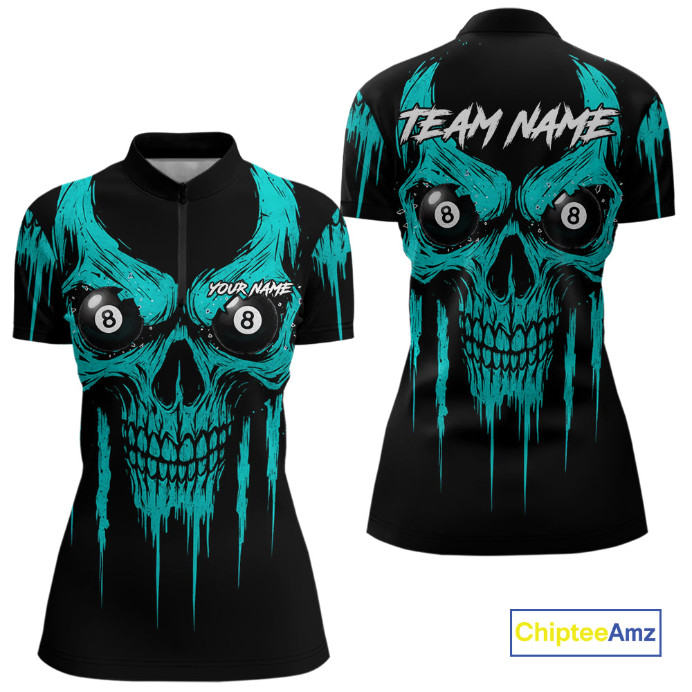 Turquoise Grunge Skull Billiard Jersey For Women Custom 8 Ball Pool Billiard Shirt Polo & 1/4 Zip TDM5074